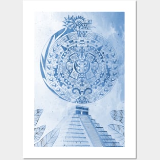 teotihuacan pyramid sunshine in aztec pattern at noon Posters and Art